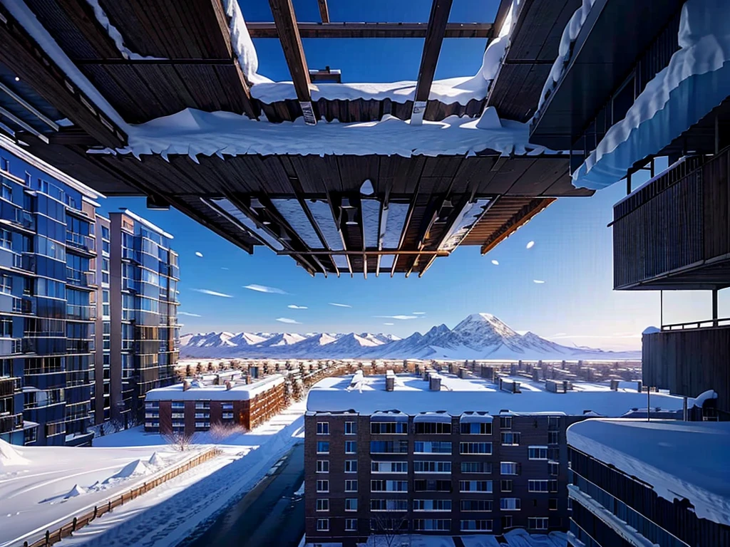 8K HD quality,Snow mountain city high-rise streets are frozen
