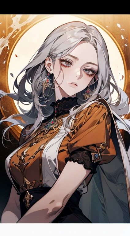 A painting of a woman with gray hair and an orange top, stunning anime face portrait, beautiful character painting, beautiful anime portrait, her image is rendered by red paint, presenting a stunning effect. The painting is very detailed, depicting women's faces and clothing. Her face has a creamy dripping effect, which makes the whole face more vivid. She wears a beautiful detailed outfit with pale gray hair. The proportions are accurate, and the costumes of the female characters are traditionally dressed, showing a classical charm.