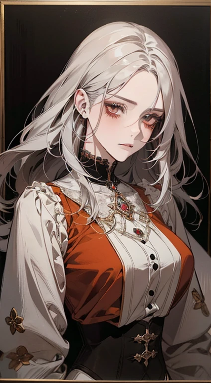 A painting of a woman with gray hair and an orange top, stunning anime face portrait, beautiful character painting, beautiful anime portrait, her image is rendered by red paint, presenting a stunning effect. The painting is very detailed, depicting women's faces and clothing. Her face has a creamy dripping effect, which makes the whole face more vivid. She wears a beautiful detailed outfit with pale gray hair. The proportions are accurate, and the costumes of the female characters are traditionally dressed, showing a classical charm.