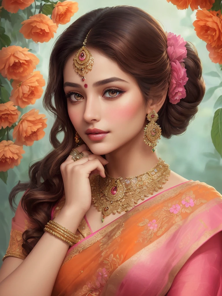 Produce a mesmerizing artwork of a young lady adorned in an intricately embroidered saree, reflecting timeless beauty. Emphasize her captivating eyes that speak volumes, her sculpted and elegant nose, and her lips, reminiscent of delicate pink petals. Her complexion should be flawlessly fair, adorned with a subtle touch of blush, enhancing her enchantment. Her eyes are strikingly adorned in a shade of orange, adding an element of intrigue to her gaze. She boasts a cascade of lush brown hair, carefully styled to accentuate her allure. Her physique should be gracefully slender, a testament to perfection. The coiffure she adorns should be artistically arranged to frame her countenance, an embodiment of enchantment. Set her against a background that elevates her beauty, painting an enchanting scene that enhances the overall elegance of the composition. Employ a palette of rich and vibrant hues to create a work of art that captures the essence of grace and captivation.