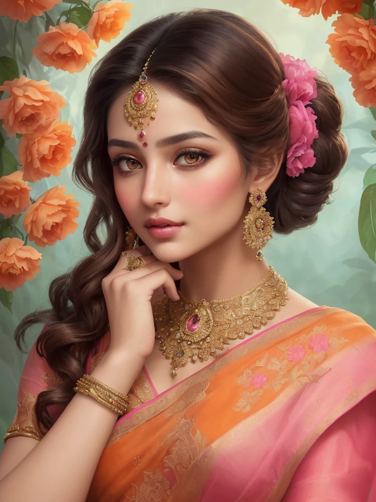 Produce a mesmerizing artwork of a young lady adorned in an intricately embroidered saree, reflecting timeless beauty. Emphasize her captivating eyes that speak volumes, her sculpted and elegant nose, and her lips, reminiscent of delicate pink petals. Her complexion should be flawlessly fair, adorned with a subtle touch of blush, enhancing her enchantment. Her eyes are strikingly adorned in a shade of orange, adding an element of intrigue to her gaze. She boasts a cascade of lush brown hair, carefully styled to accentuate her allure. Her physique should be gracefully slender, a testament to perfection. The coiffure she adorns should be artistically arranged to frame her countenance, an embodiment of enchantment. Set her against a background that elevates her beauty, painting an enchanting scene that enhances the overall elegance of the composition. Employ a palette of rich and vibrant hues to create a work of art that captures the essence of grace and captivation.