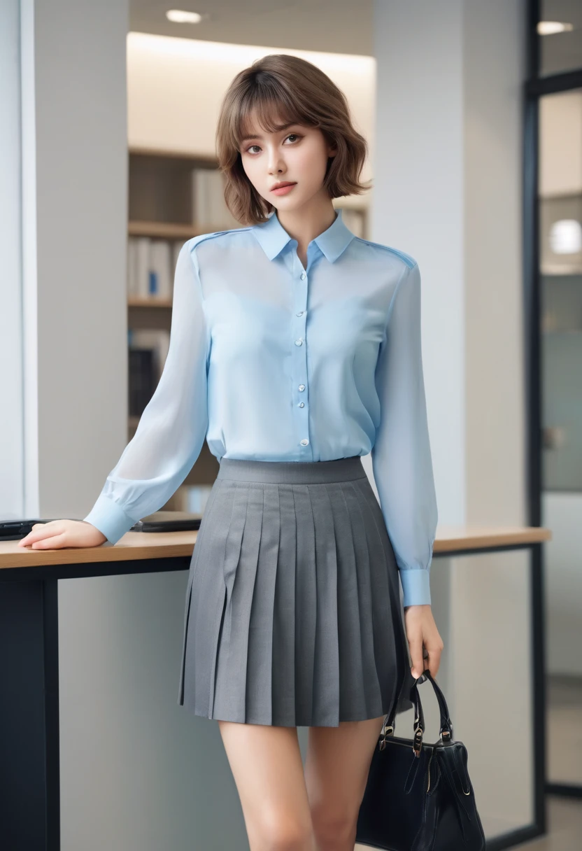 (best quality, 4k, Masterpiece, Ultra detailed, hyperrealism, RAW), super beautiful student, light blue eyes, (ash hair, short hair), standing with legs apart looking at viewer, full and perfect body, Navel exposed , Transparent blouse, buttoned, perfect body, ((pleated skirt)), stockings, entering the office reception,