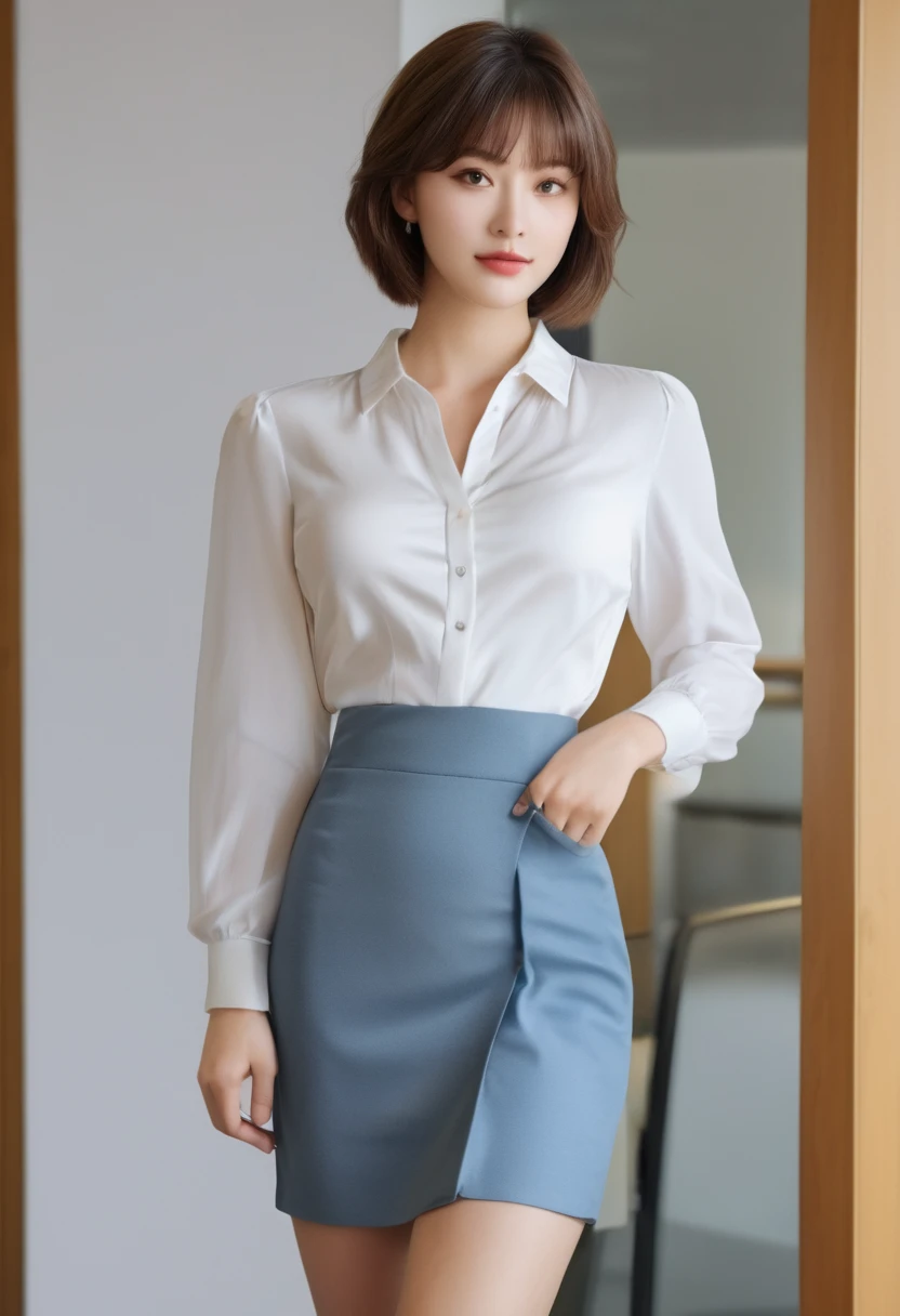 (best quality, 4k, Masterpiece, Ultra detailed, hyperrealism, RAW), super beautiful student, light blue eyes, (ash hair, short hair), standing with legs apart looking at viewer, full and perfect body, Navel exposed , Transparent blouse, buttoned, perfect body, ((pleated skirt)), stockings, entering the office reception,