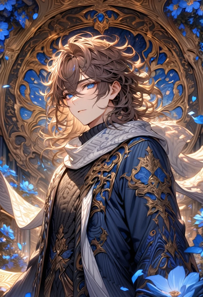 absurdres, highres, ultra detailed, HDR, master piece, best quality, Nair, brown hair, messy hair, with bangs, hair between the eyes, expressive blue eyes, Dream and Legacy, solo, sexy man, handsome, white scarf, dark blue coat with patterns, black sweater, fantasy, shining, blue flowers, blossoms, magical, blue petals
