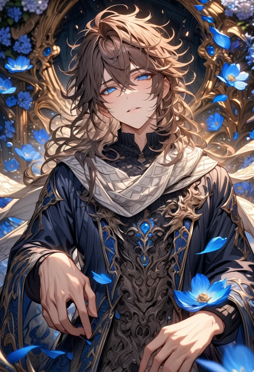 absurdres, highres, ultra detailed, HDR, master piece, best quality, Nair, brown hair, messy hair, with bangs, hair between the eyes, expressive blue eyes, Dream and Legacy, solo, sexy man, handsome, white scarf, dark blue coat with patterns, black sweater, fantasy, shining, blue flowers, blossoms, magical, blue petals