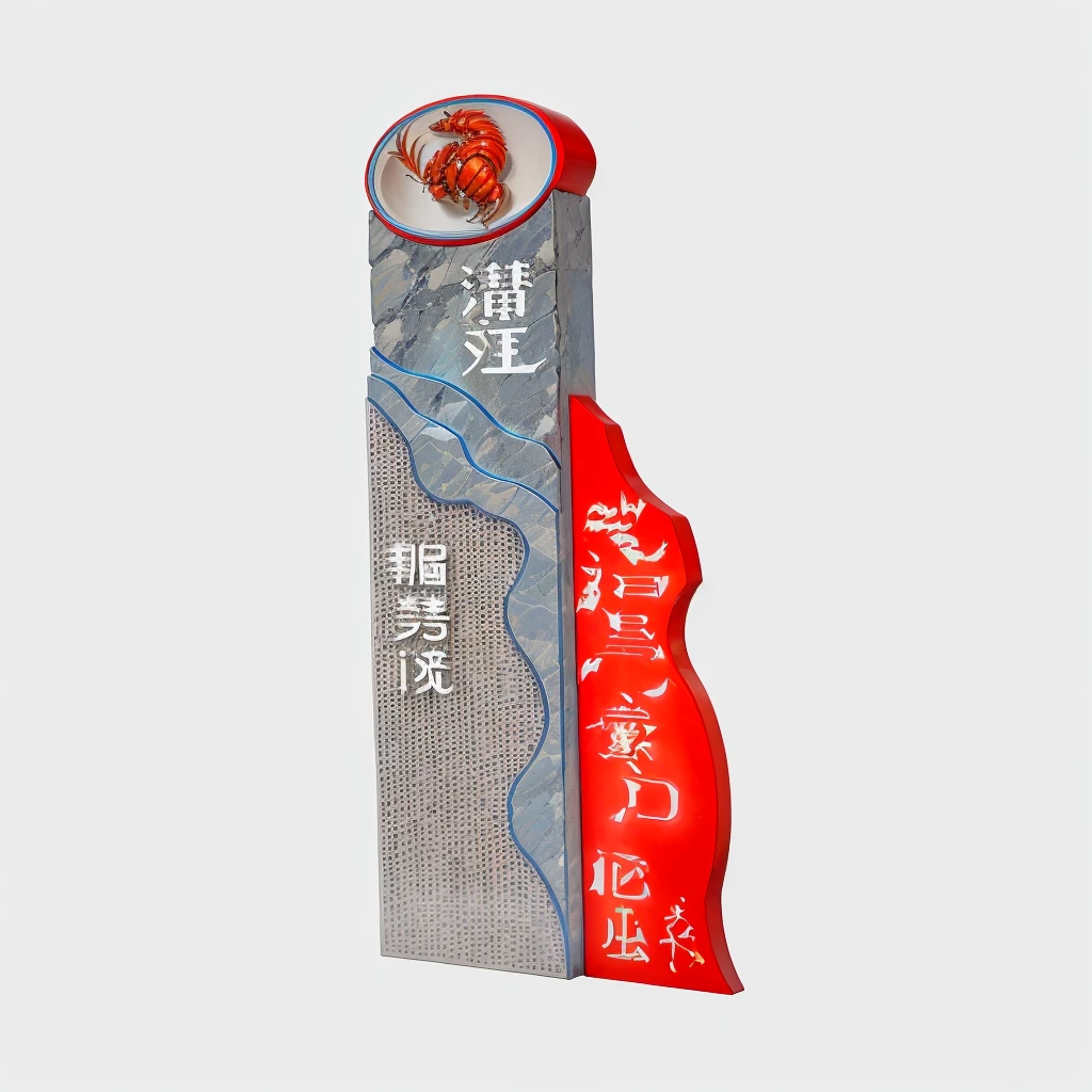 There is a sign saying this is Chinese, jiang sword, cross section, author:Travel in Kana, Cover Chinese text, Chiba Yudai, 3/4. Look up, author:Sengai, Bottom View, Extremely high level of detail, 插图为 X 射线cross section,Keep original size,Changed the material to stone,The bottom is replaced with metal material,Keep the crayfish element
