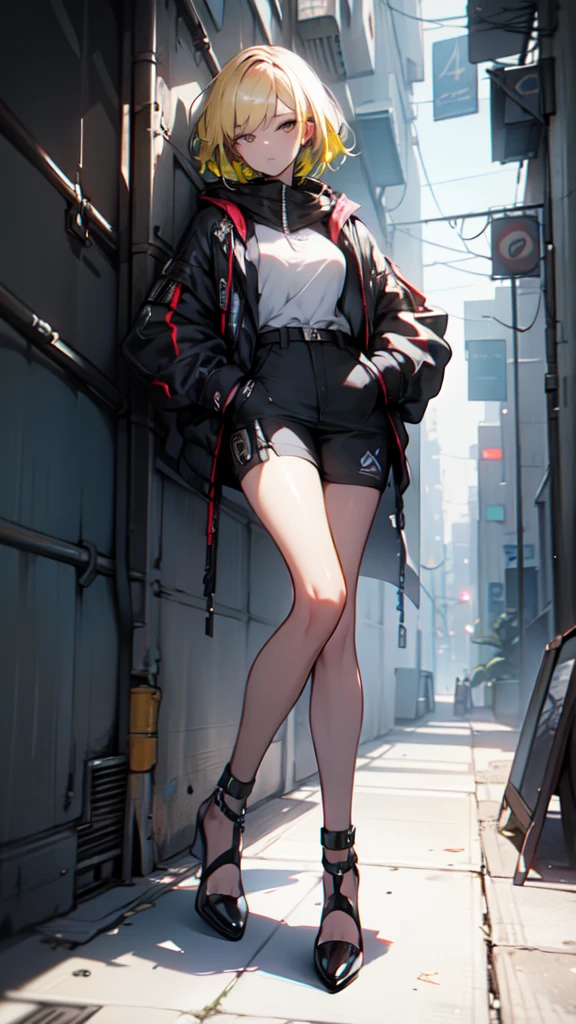 masterpiece, Highest quality, 4K, Ultra-high resolution, mishoujo, Painting, Beautiful eyes and fine face, figure, Beautiful details, high resolution figure, Shine_white_particle, One girl, white hair, Light purple eyes, Hair on one eye, Short side details, Baseball cap,Expressionless, Window Shades, Black jacket, Chest Rig, cyber punk, Techwear,(Impressionism:1.4)