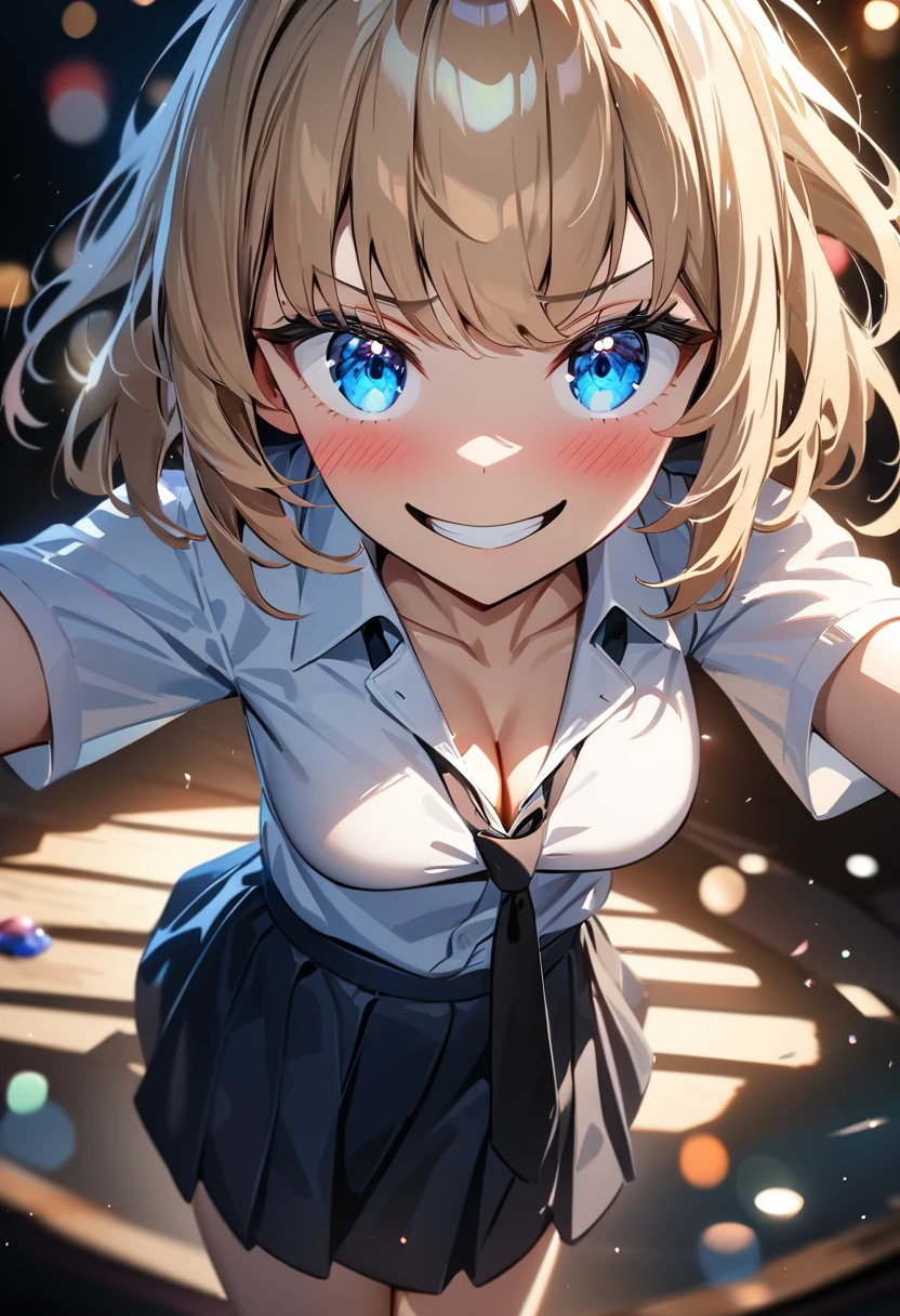 (((One girl))), blond hair, bob cut, (cowboy shot), (looking at viewer), face in focus, breasts, ager, head tilt:1.3, (((blue eye))), wide eyes, ((evil smile)), ((blush)), school summer uniform, white shirts, ((black tie)), black skirt, dynamic pose, cleavage, anime style, (best quality, 4k, 8k, highres, masterpiece:1.2, ultra-detailed, ultra-detailed eyes, HDR, UHD, studio lighting, ultra-fine painting, sharp focus, physically-based rendering, extreme detail description, professional, vivid colors, bokeh)