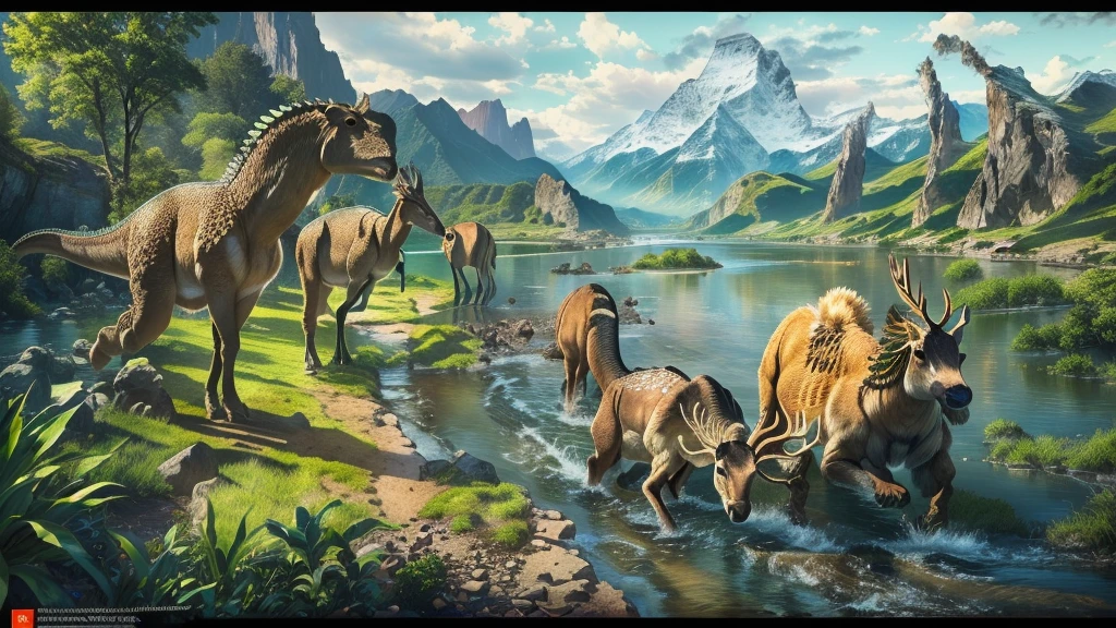 Dinosaur,Deer and other animals in a river with trees and mountains, realistic Ancient Art, highly realistic concept art, Ancient Art, realistic photography Ancient Art, 8k high detail concept art, Award-winning concept art, 8k resolution concept art, 4K resolution concept art, concept art 8k resolution, concept art 8k resolution, Surrealist Concept Art
