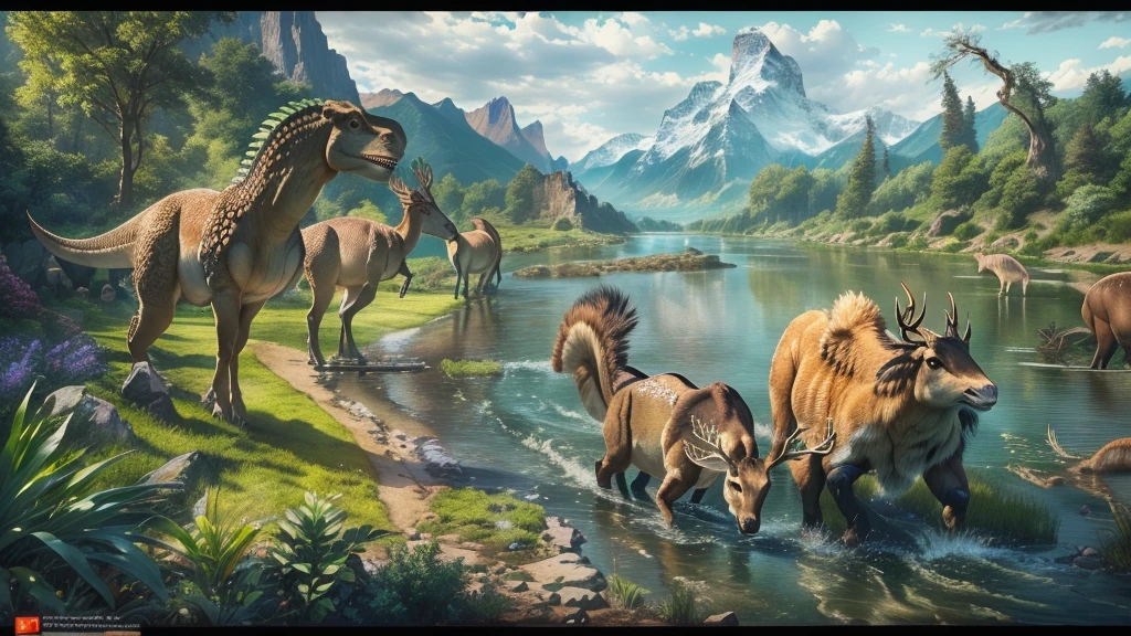 Dinosaur，Deer and other animals in a river with trees and mountains, realistic Ancient Art, highly realistic concept art, Ancient Art, realistic photography Ancient Art, 8k high detail concept art, Award-winning concept art, 8k resolution concept art, 4K resolution concept art, concept art 8k resolution, concept art 8k resolution, Surrealist Concept Art