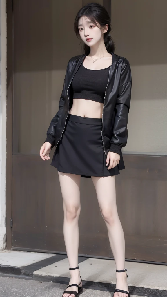 Japanese woman has a six pack stomach wearing a black jacket, crop top, short skirt, wearing sandals
