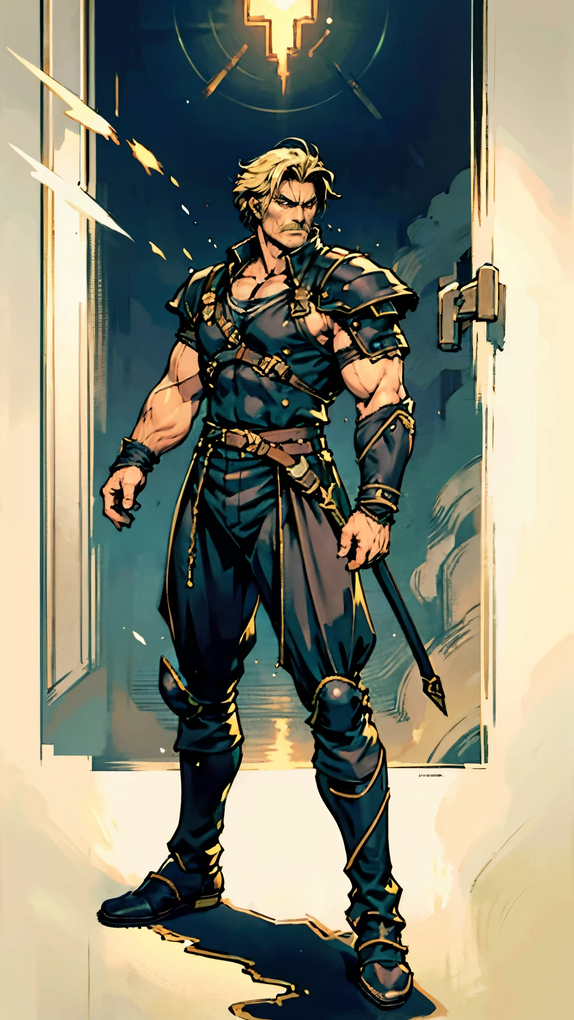 (masterpiece:1.2, best quality, extremely delicate, perspective, foreshortening, dynamic angle), a middle-aged man with slicked-back golden hair, a dignified face, deep eyes, a mustache on his upper lip, a focused expression, tall and muscular, covered in scars, fantasy-reality style warrior leather armor, ribbons tied around his arms, black iron bracers, dark cargo pants, standing guard in front of a fortress gate, this character embodies a finely crafted fantasy-realist style warrior in anime style, exquisite and mature manga art style, dramatic, high definition, highres, ultra-detailed, ultra-fine painting, professional, perfect body proportions, golden ratio, anatomically correct, symmetrical face, extremely detailed eyes and face, high quality eyes, creativity, RAW photo, UHD, 32k, Natural light, cinematic lighting, masterpiece-anatomy-perfect