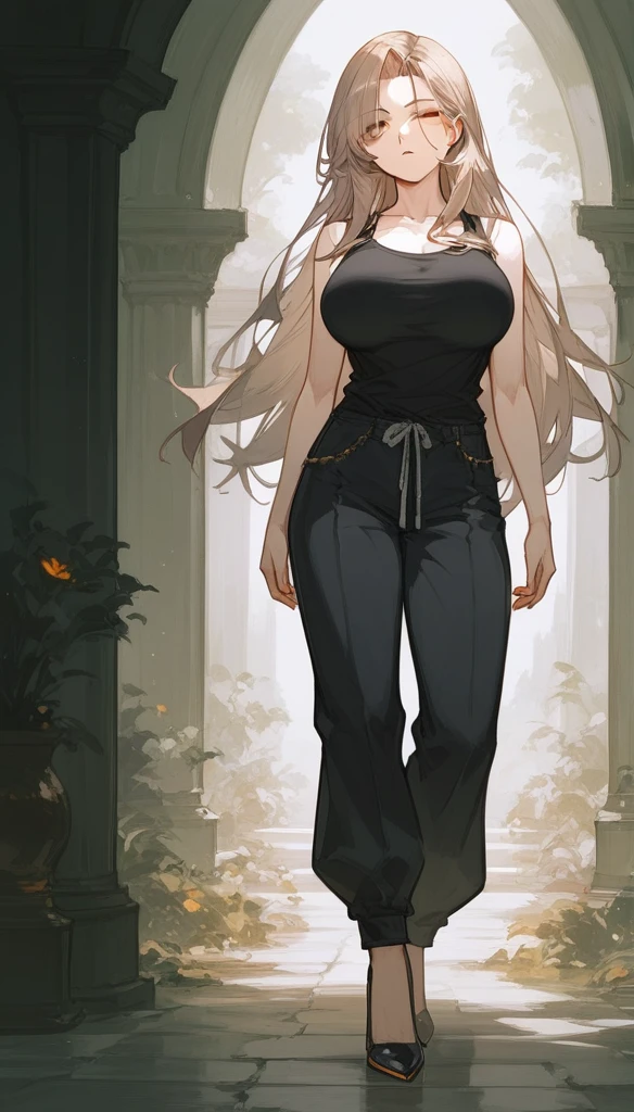 masterpiece, Score_9, Score_8_up, Score_7_up, front view, 1 woman, alone, black and light brown hair, Long  hair, parted bangs, golden and orange eyes, half-closed eyes, parted lips, expressionless, pale skin, large breasts, many scars, one scar on one eye, the best quality, long and open bangs, black sleeveless shirt, black V-neckline, baggy pants, high heels.