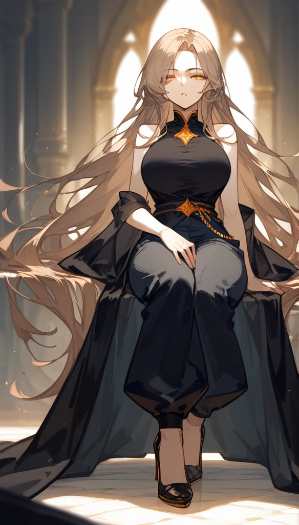 masterpiece, Score_9, Score_8_up, Score_7_up, front view, 1 woman, alone, black and light brown hair, Long hair, parted bangs, golden and orange eyes, half-closed eyes, parted lips, expressionless, pale skin, large breasts, many scars, one scar on one eye, the best quality, long and open bangs, black sleeveless shirt, black V-neckline, baggy pants, high heels.