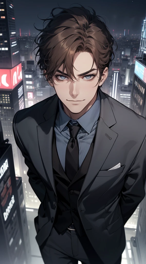 masutepiece, Best Quality, Realistic, 1man, matured male, Quiet and charming young man, 25 years old, closing eye, Serious look, extra detailed face, ((dark grey eyes)), ((Short right sweep dark brown hair)), [Thick eyebrows], detective, city, ((Blue color suit)), Cinematic lighting, gaze at the audience, Postural dynamics, Smirk