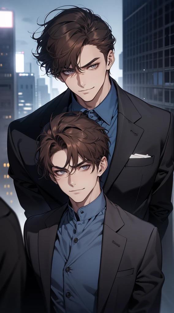masutepiece, Best Quality, Realistic, 1man, matured male, Quiet and charming young man, 25 years old, closing eye, Serious look, extra detailed face, ((dark grey eyes)), ((Short right sweep dark brown hair)), [Thick eyebrows], detective, city, ((Blue color suit)), Cinematic lighting, gaze at the audience, Postural dynamics, Smirk