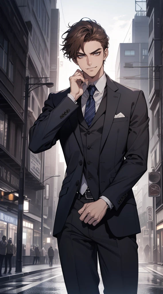masutepiece, Best Quality, Realistic, 1man, matured male, Quiet and charming young man, 25 years old, closing eye, Serious look, extra detailed face, ((dark grey eyes)), ((Short right sweep dark brown hair)), [Thick eyebrows], detective, city, ((Blue color suit)), Cinematic lighting, gaze at the audience, Postural dynamics, Smirk