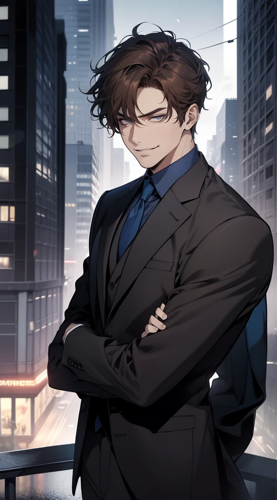 masutepiece, Best Quality, Realistic, 1man, matured male, Quiet and charming young man, 25 years old, closing eye, Serious look, extra detailed face, ((dark grey eyes)), ((Short right sweep dark brown hair)), [Thick eyebrows], detective, city, ((Blue color suit)), Cinematic lighting, gaze at the audience, Postural dynamics, Smirk