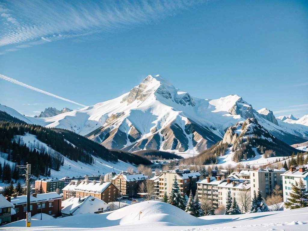 8K HD quality,Snow mountain city high-rise streets are frozen