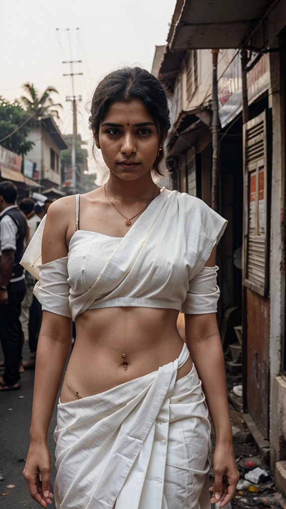 Old India 25 years old girl wearing a white saree is being burned by many men, cinematic photography, eye level camera angle