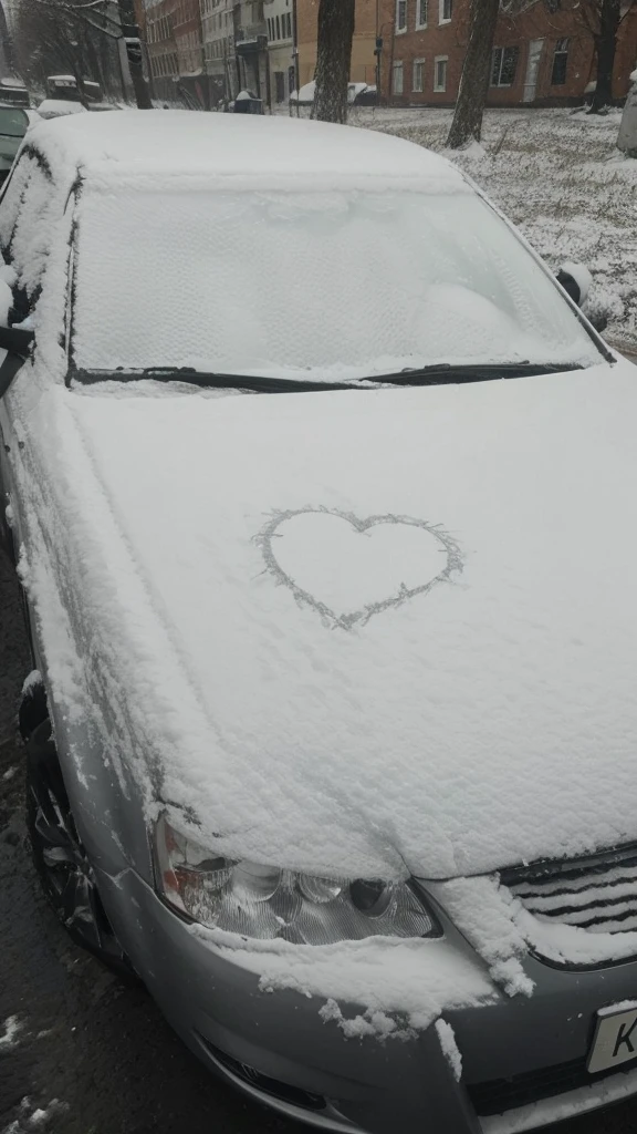 Replace the heart drawn in the snow on the hood of the car with the word fabi 