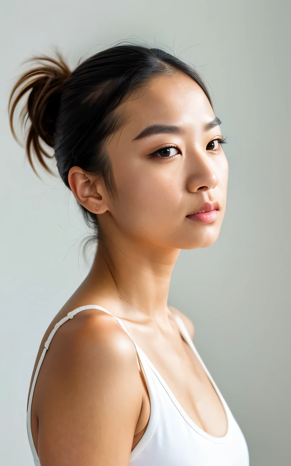 ultra-high-resolution 8K, best quality, (photo realistic:1.4) profile photo, 
BREAK 
a fashion model, asian, woman, athlete, 30years old, dark straight hair tied back, square face, black and small eyes, stern eyes, thick and straight eyebrows, snub nose, plump lips, fair skin with detailed and realistic skin texture,
BREAK 
looking straight ahead, upper torso shot capturing her intense gaze, 
BREAK
 (muscular body), single eyelid, closed mouth, natural makeup, wearing white no-sleeve top, exuding the vibe of a fashion model with a neutral, serious expression, 
BREAK