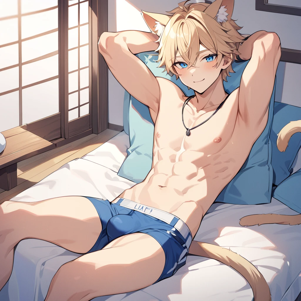 1 cute male, Cat's ears, cat tail, looking at the camera, smiling, hair blonde, blue eye, wearing no shirt, white Athletic Belt, lying in the bed, japanese house , cute boy, , wearing no shirt, black neck necklace, Athletic Belt, bulge Calvin Klain Blue underwear, hands behind head, cute male, wearing no shirt, wolf's ears, wolf tail, Athletic Belt, , cute boy) hot body.