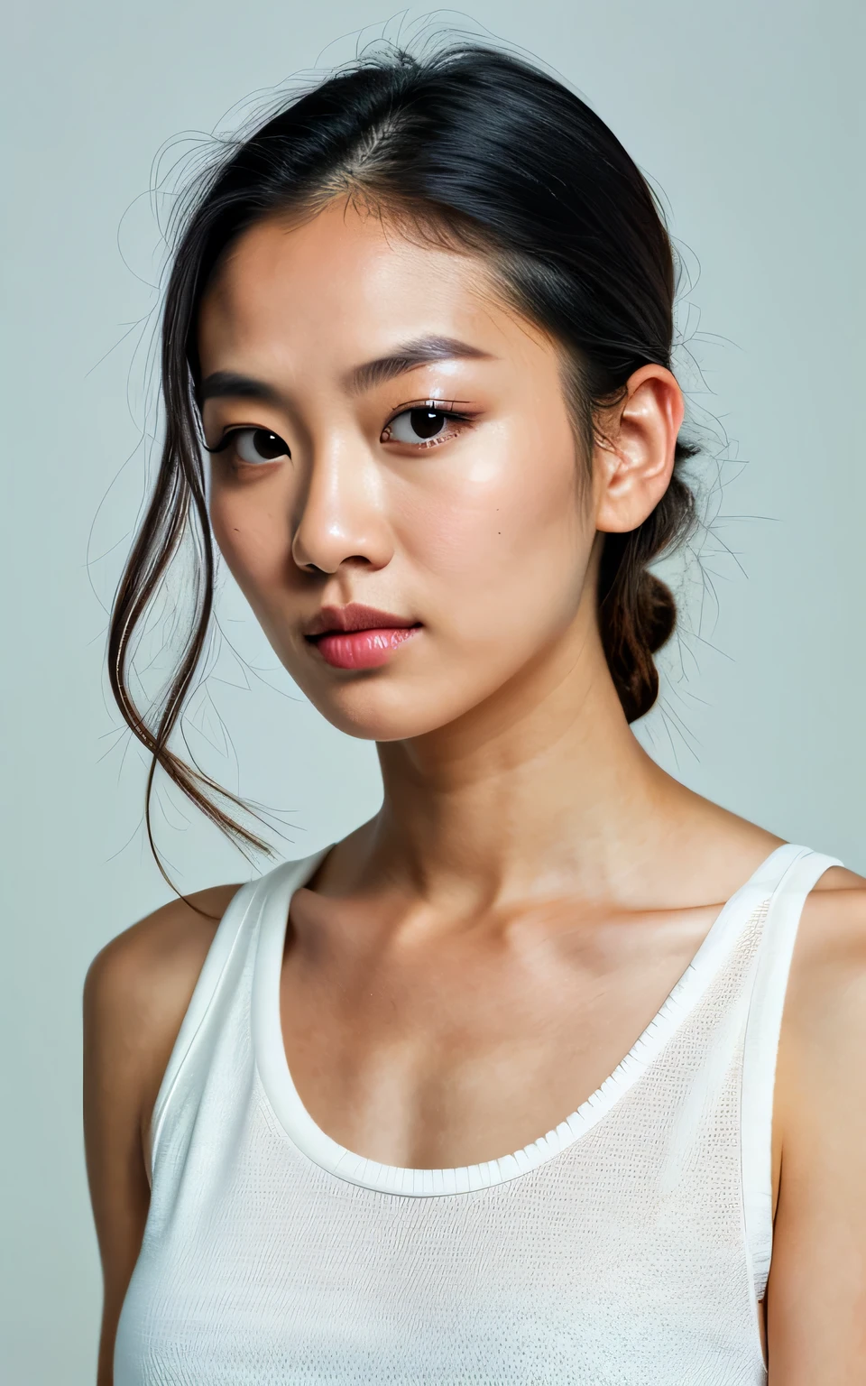 ultra-high-resolution 8K, best quality, (photo realistic:1.4) profile photo,
BREAK
a fashion model, asian, woman, athlete, 30years old, dark straight hair tied back, square face, black and small eyes, stern eyes, thick and straight eyebrows, snub nose, plump lips, fair skin with detailed and realistic skin texture,
BREAK
looking straight ahead, upper torso shot capturing her intense gaze,
BREAK
(muscular body), single eyelid, closed mouth, natural makeup, wearing white no-sleeve top, exuding the vibe of a fashion model with a neutral, serious expression,
BREAK