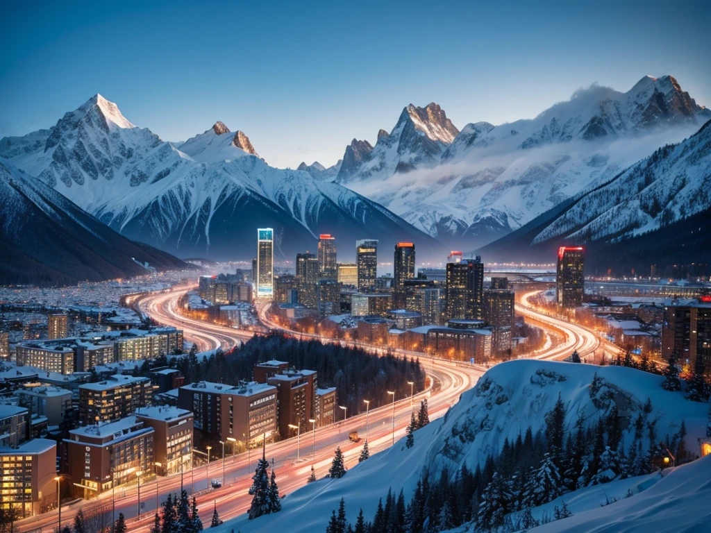 8K HD quality,Snow mountain city high-rise streets are frozen