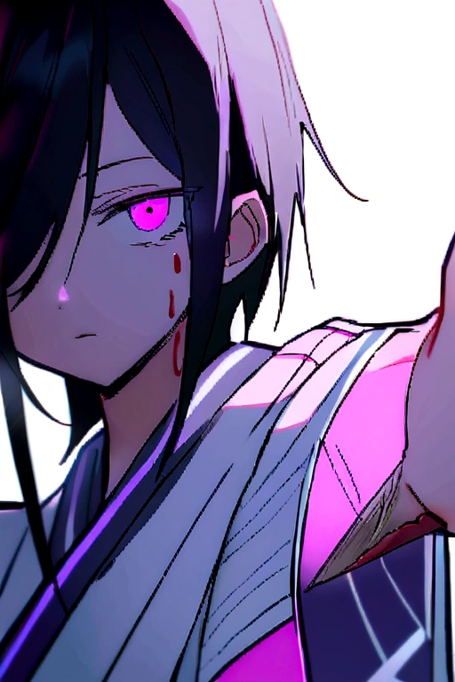 teenager, black hair, One eye is black，The other eye, The kimono is completely torn.，Light purple in color, Body scratches and bleeding, And holding a knife