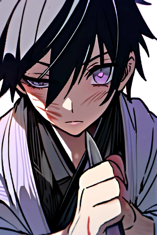 teenager, black hair, One eye is black，The other eye, The kimono is completely torn.，Light purple in color, Body scratches and bleeding, And holding a knife