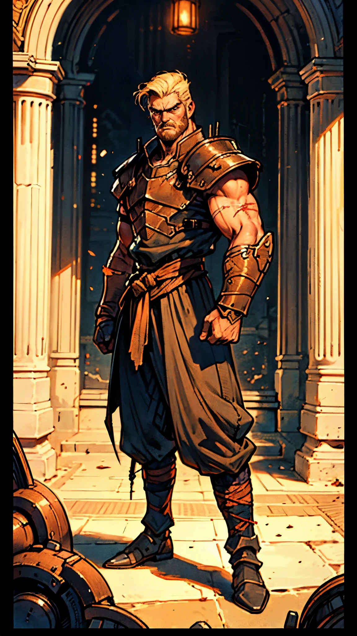 (masterpiece:1.2, best quality, extremely delicate, perspective, foreshortening, dynamic angle), a middle-aged man with slicked-back golden hair, a dignified face, deep eyes, a mustache on his upper lip, a focused expression, tall and muscular, covered in scars, fantasy-reality style warrior leather armor, ribbons tied around his arms, black iron bracers, dark cargo pants, standing guard in front of a fortress gate, this character embodies a finely crafted fantasy-realist style warrior in anime style, exquisite and mature manga art style, dramatic, high definition, highres, ultra-detailed, ultra-fine painting, professional, perfect body proportions, golden ratio, anatomically correct, symmetrical face, extremely detailed eyes and face, high quality eyes, creativity, RAW photo, UHD, 32k, Natural light, cinematic lighting, masterpiece-anatomy-perfect