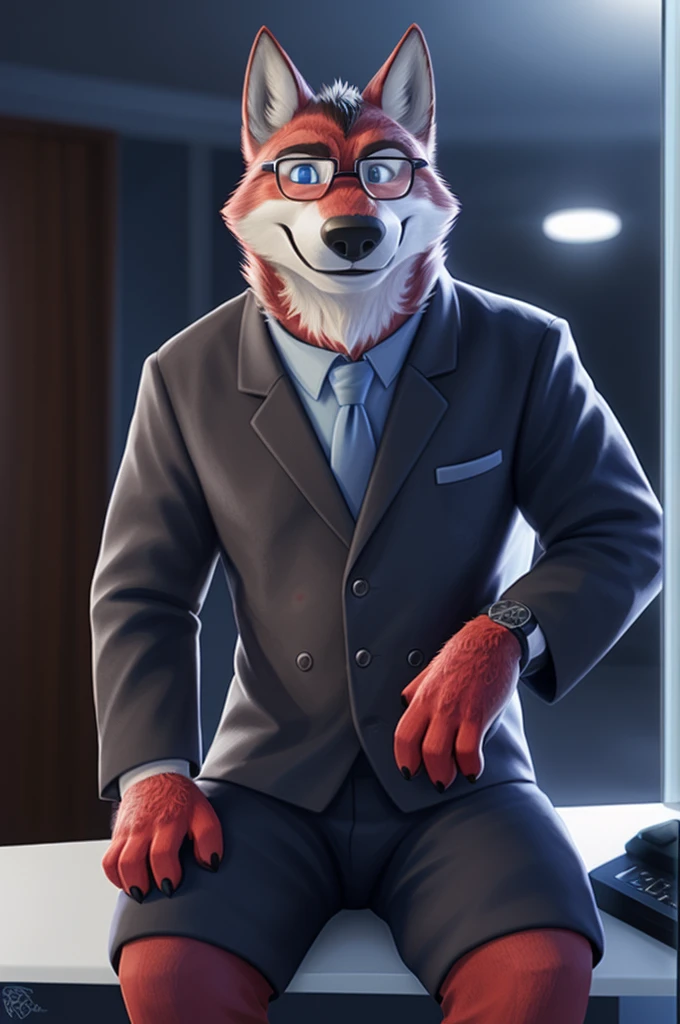 Ivan Fedorovich Wolfbach (Novosibirsk) ,tall handsome, wolf,young, 24 years, brown fur,Kind,(red body:1.3),beautiful blue eyes,Novosibirsk,dressed, black, Judge's Mantle, glasses shirt, tie, trousers, , wolf, detailed fur, male,paw pads, finger claws,At the viewer, 5 fingers, paws, 5 fingers, smile, wrist watch, т nextel,by xenoforge, (difficult, high detail, digital photography, soft focus, RAW variety вкдущий передачи,Very close to the camera, variety,Novosibirsk, smile, good mood, positive, Very close to the camera, is sitting, presenter of the fashion show,
Photorealism, realistic, digital style, Subsurface scattering,I look at the viewer,worth getting a haircut, looks at the mirror, men's cosmetics,
masterpiece, Best quality, ultra realistic, 8 thousand.)