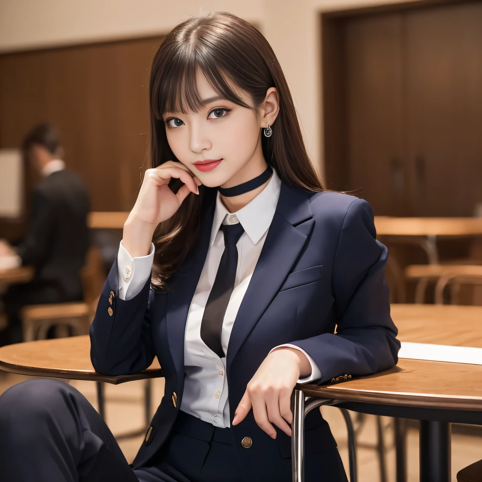 ((Highest quality, 8K, Representative works in detail, Ultra-high resolution)), (Looking at the audience), ((Female students listening to the lecture)), Attractive woman, ((Big Breasts)), smile, ((Black Choker)), Slim figure, (blue eyes), Long eyelashes, bangs, Beautiful shiny brown hair, Nogizaka idol, Slim face、((business suit,uniform))、Dependents、Female student、((big round table))、Perfect Makeup、Elegant woman、Satin semi-transparent shirt,Noble daughter,Luxury accessories