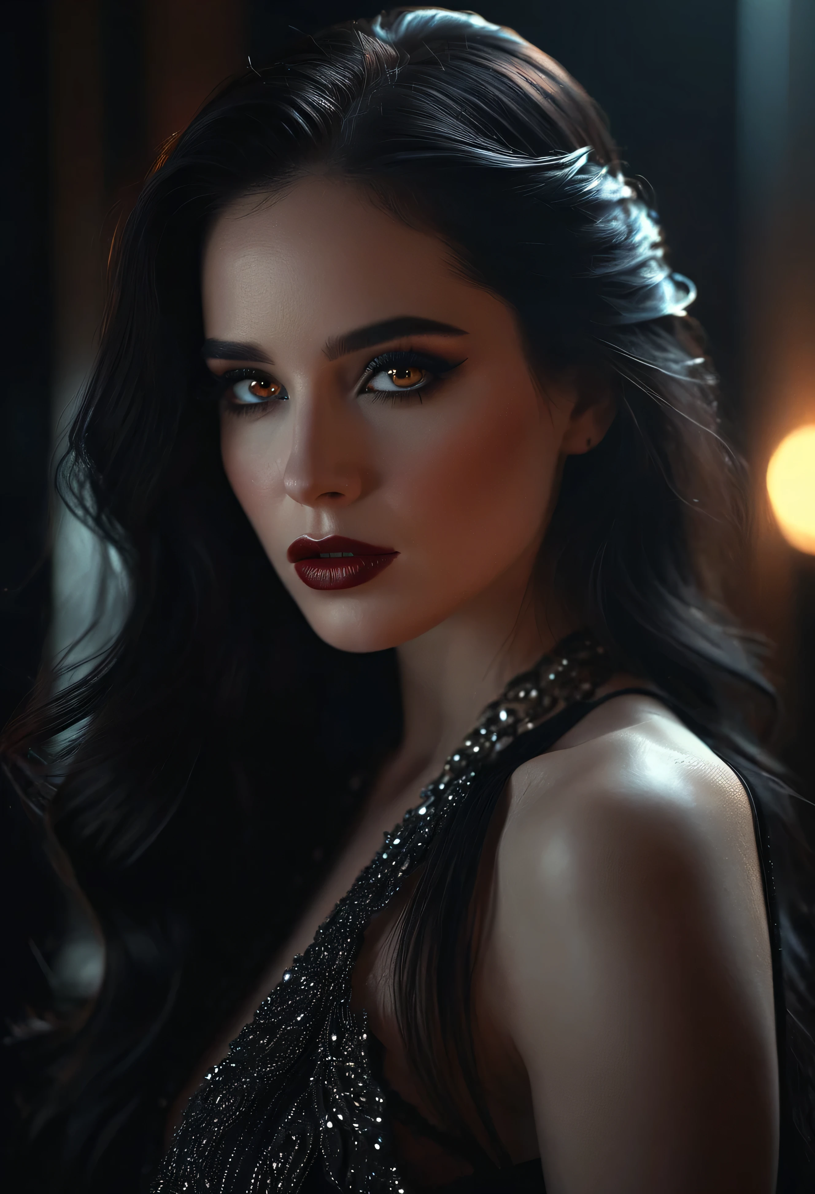 a beautiful woman with glowing black eyes, detailed facial features, long dark hair, pale skin, dramatic makeup, elegant fashion, cinematic lighting, dark moody atmosphere, dramatic chiaroscuro lighting, digital art, fantasy, hyperrealistic, 8k, highly detailed, masterpiece