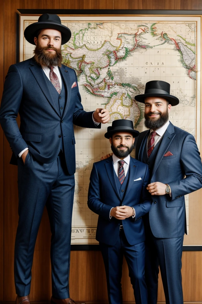 The image shows two bearded men wearing traditional hats, posing for a photo. One man is wearing a suit and tie, while the other is dressed in a jacket and pants. They are standing in front of a map.