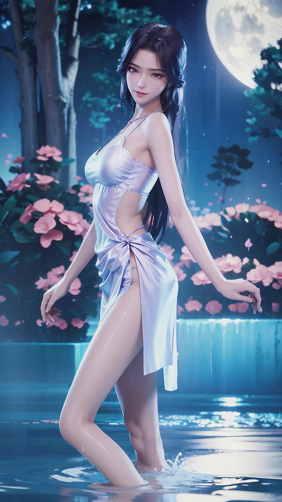 ((Biologically correct number of limbs))、(( Full body image(Including the face)))、4K、masterpiece、((Focus on the face))、((Symmetrical facial features))、The eyes are described in detail、Beautiful woman、Outstanding style、Beautiful arms、Beautiful legs、beautiful hands、(slim)、Facial details、Small earrings、necklace、(white shiny、Shiny dress、barefoot、radiant skin)Smile、(Beautiful legsのアップ)、Sweat,Starry Sky,Starry Sky背景,Deep View,above water,Wet all over,Water Magic,Wet