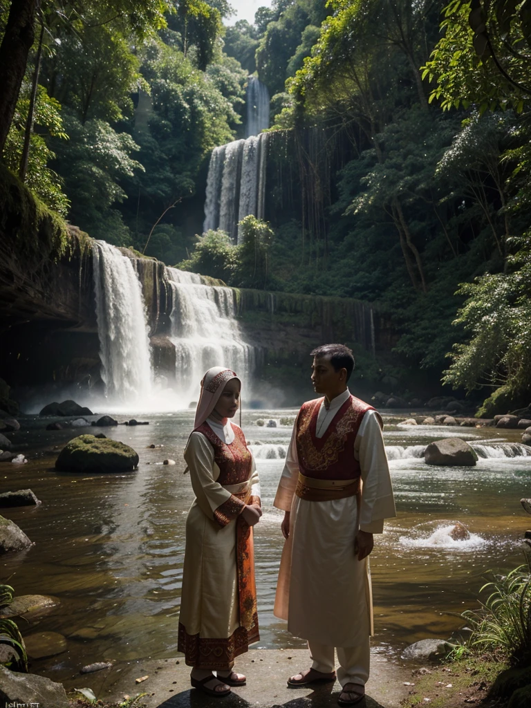 A romantic couple, a handsome 30-year-old Indonesian man with layered hair, and a beautiful curvy woman in a hijab, wearing intricate ancient Egyptian attire, sitting on a large rock. The background is a jungle waterfall at sunset.