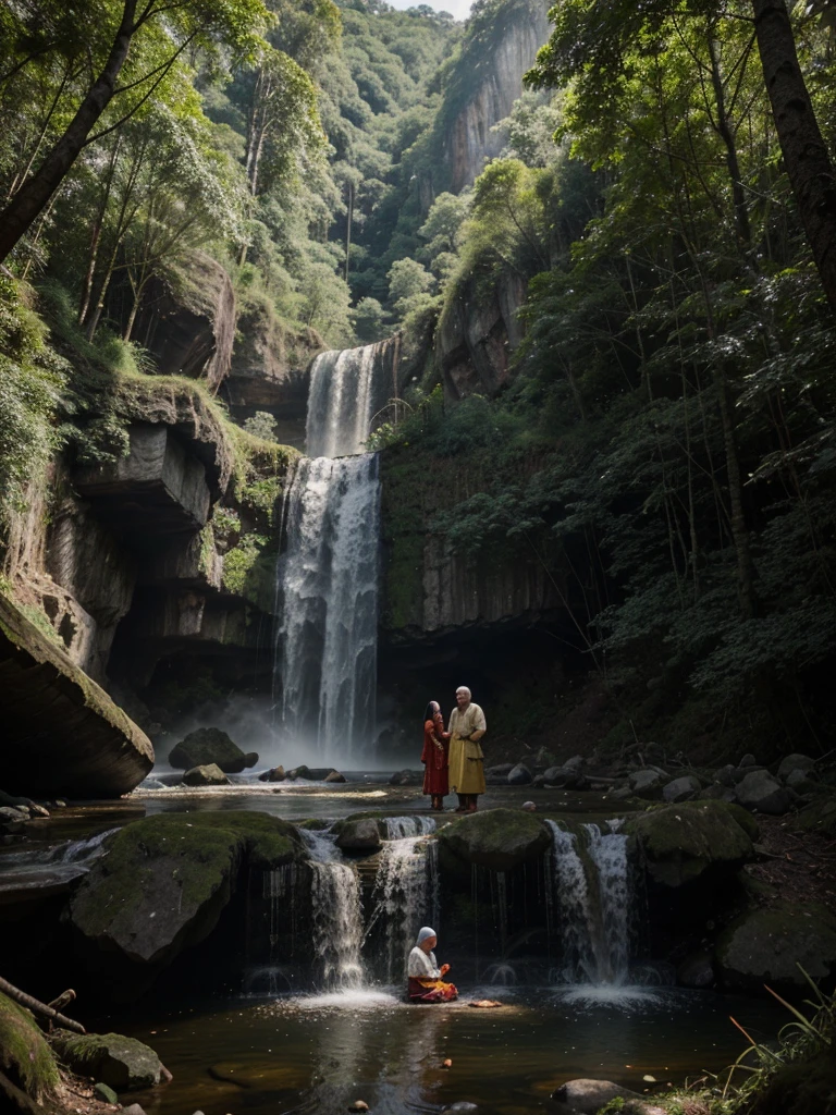In the middle of the forest, behind the roar of a waterfall, a 43-year-old indonesian husband and wife couple wear traditional indonesian Muslim clothing. Studio light highlights every detail, creating incredibly realistic and sharp photos. Ultra HD, as if 64K