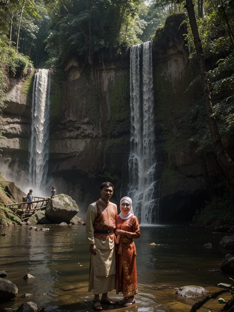 In the middle of the forest, behind the roar of a waterfall, a 43-year-old indonesian husband and wife couple wear traditional indonesian Muslim clothing. Studio light highlights every detail, creating incredibly realistic and sharp photos. Ultra HD, as if 64K