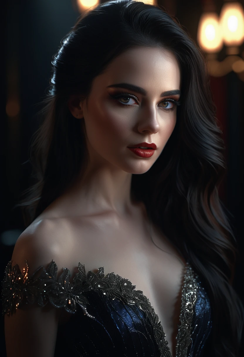 a beautiful woman with glowing black eyes, detailed facial features, long dark hair, pale skin, dramatic makeup, elegant fashion, cinematic lighting, dark moody atmosphere, dramatic chiaroscuro lighting, digital art, fantasy, hyperrealistic, 8k, highly detailed, masterpiece