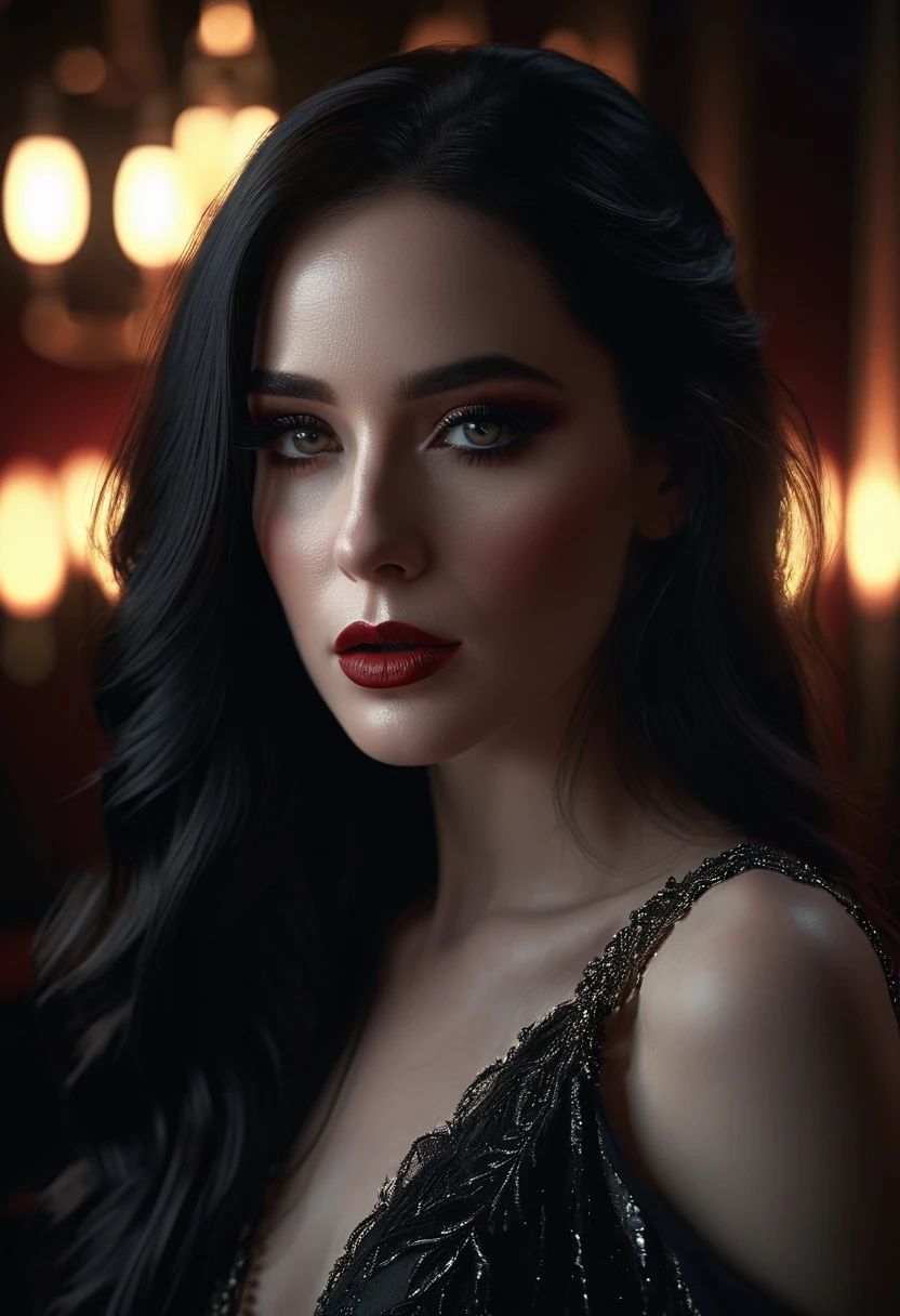 a beautiful woman with glowing black eyes, detailed facial features, long dark hair, pale skin, dramatic makeup, elegant fashion, cinematic lighting, dark moody atmosphere, dramatic chiaroscuro lighting, digital art, fantasy, hyperrealistic, 8k, highly detailed, masterpiece