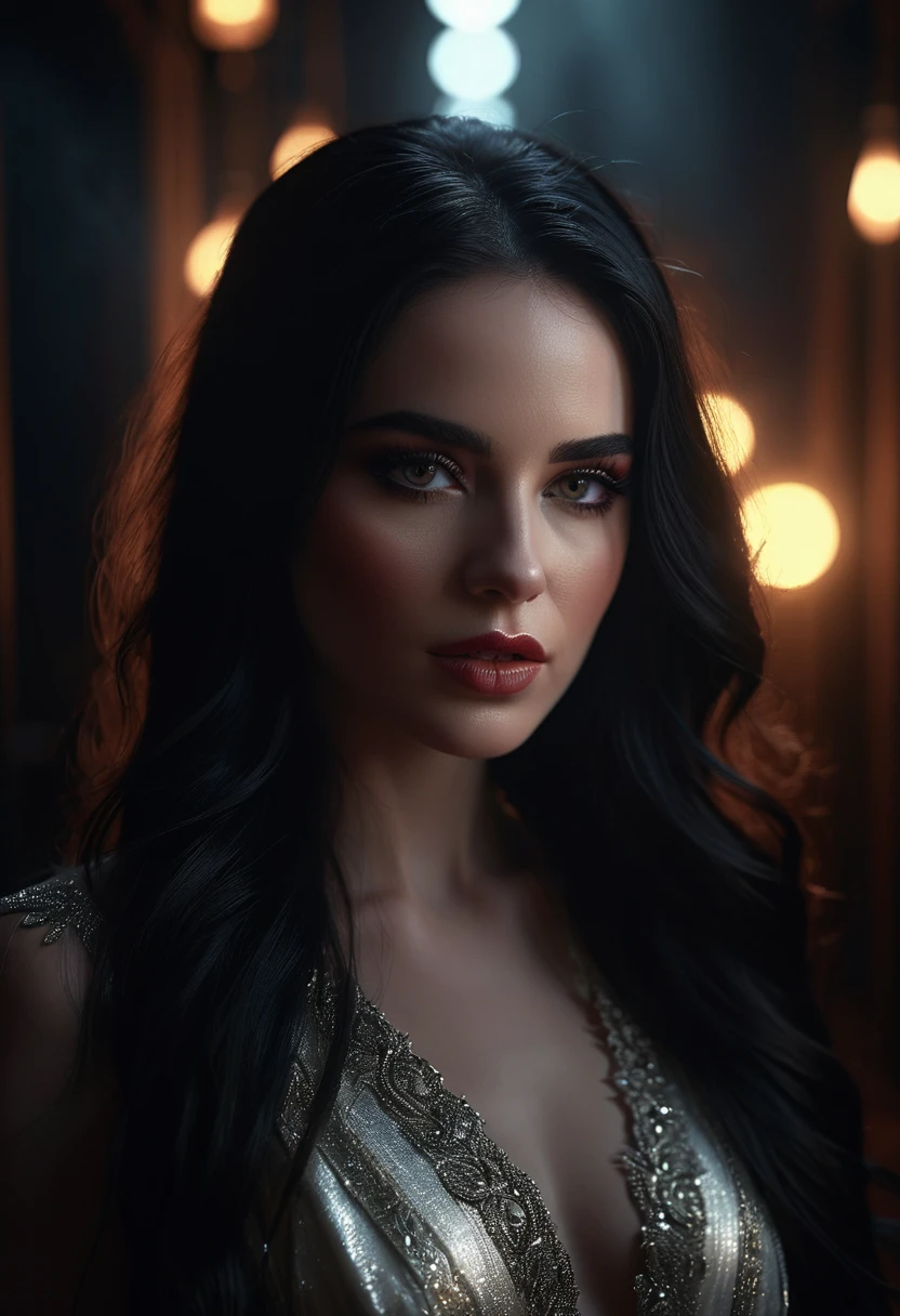 a beautiful woman with glowing black eyes, detailed facial features, long dark hair, pale skin, dramatic makeup, elegant fashion, cinematic lighting, dark moody atmosphere, dramatic chiaroscuro lighting, digital art, fantasy, hyperrealistic, 8k, highly detailed, masterpiece