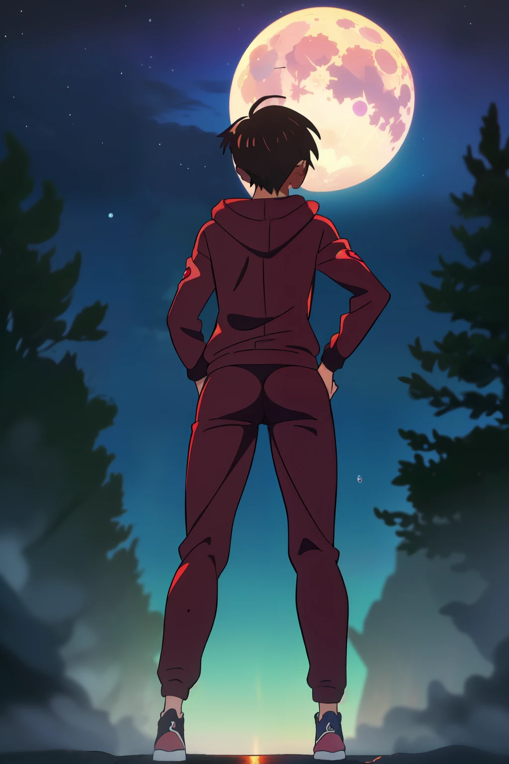 (((Ultra-Detailed, Best Quality, Ultra-Realistic, High Quality))), (((Atsushi Ohkubo Art Style))), (Standing, Bent Forward, Hands On Hips, Hand On Thighs), (Ass View, Back View, Behind View, Booty View, Butt View, Calf Close-Up, Full Body, View From Below Looking Up At The Rear,) (Alone), (Single), (Solo), ((Male)), ((1 Boy)), (Single Boy), ((Young Boy)), ((Teenage Boy)), ((Teenager)), ((15 Years Old)), ((High School Boy)), (Tracksuit Boy), ((Slender Body, Skinny Body, Tan Skin Color)), (Petite Butt), (Bubble Butt), (Sexy Butt), ((Short Hair, Messy Hair, Brown Hair)), ((Green Eyes, Almond Shaped Eyes, Anime Eyes)), ((Detailed Face, Blushing)), (He Looks Annoyed And Concerned At What's Going On), ((Loose-Fitting Burgundy Tracksuit Sweatpants, Burgundy Hoodie, Black Converse Sneakers)), [Background; (Dark Forest), (Foggy), (Full Moon), (Night Sky), (Scary Ambient Lighting)]