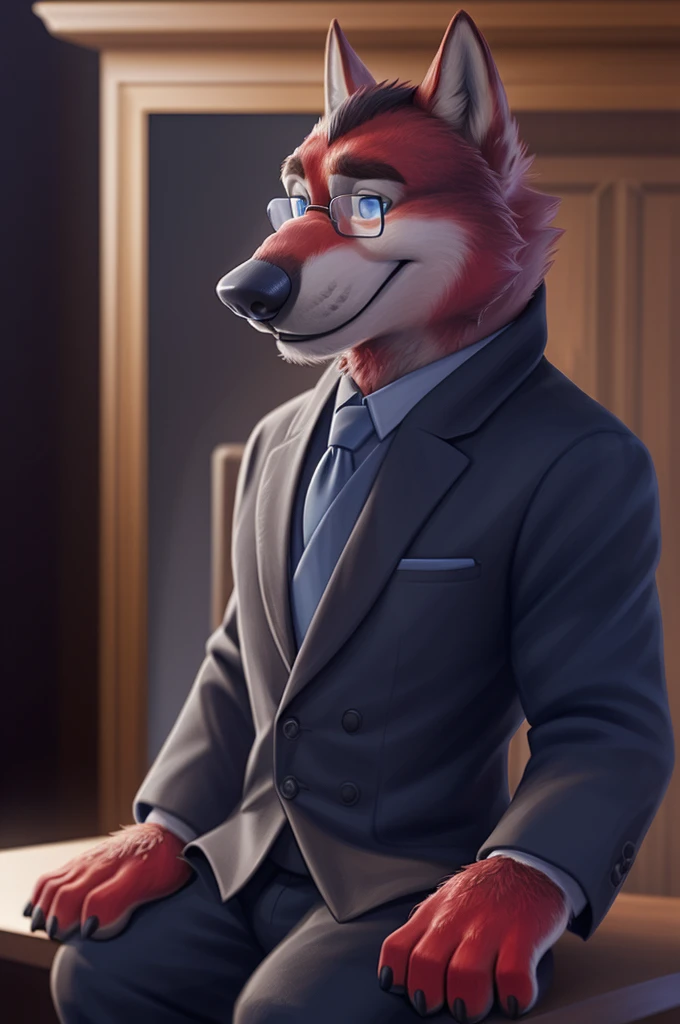 By bebebebebe, by lostgoose, by goonie-san, solo, standing, male, canine, canine penis, dark red cock, (knotted penis, knot), ((sweaty balls, snout, hair)), smirking, bottomless, no pants, white button up, office, night, window, fluorescent lights, rape face, looking at viewer, (detailed eyes)