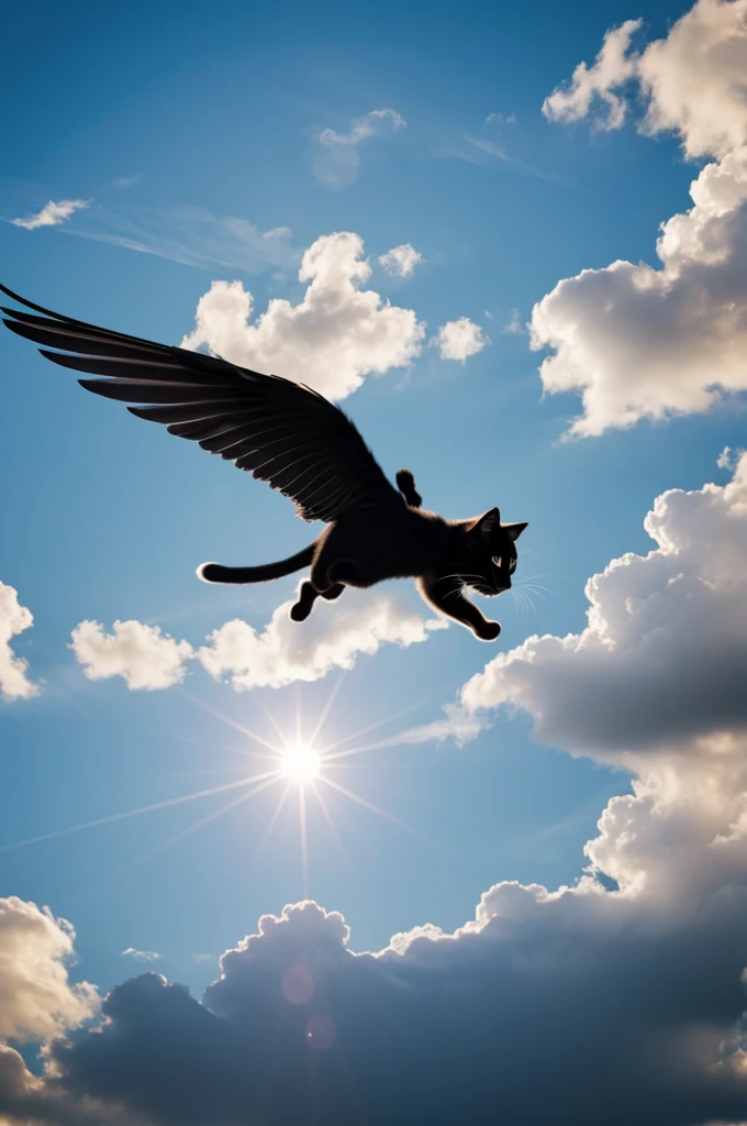 Black cat with small wings and halo flying towards the clouds in the sky 