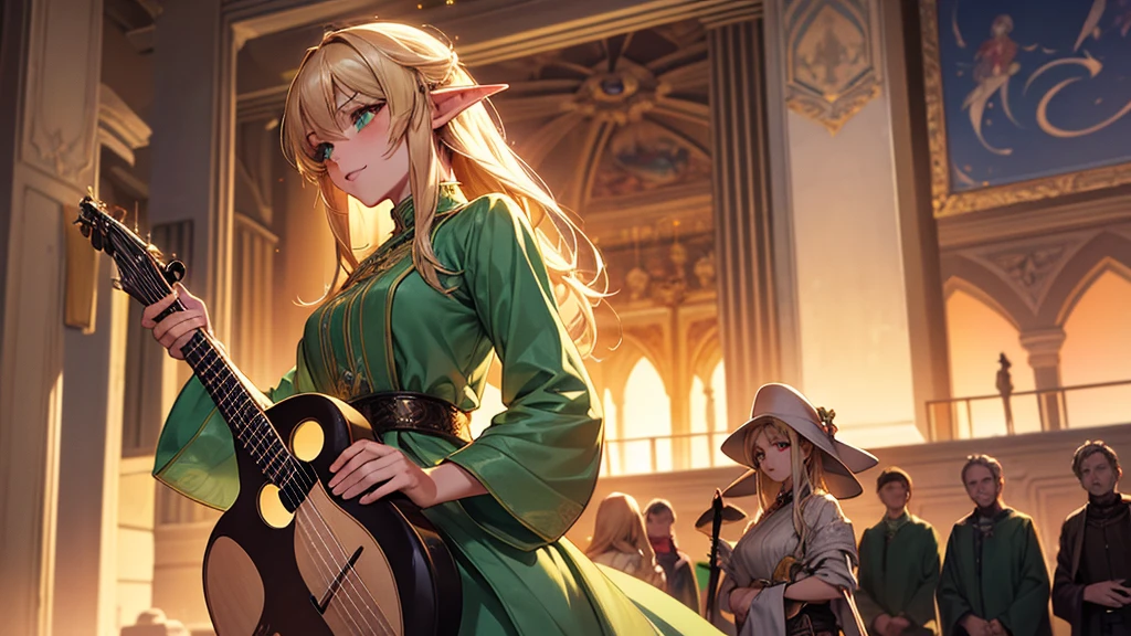 High quality 3D anime style fantasy art, a blonde elven girl in the center playing an Irish bouzouki. A large representation of the elven girl in the center, with sparkling emerald gemstone eyes and wearing a blue-green and white casual outfit. People of different races are gathered around her, all having fun and making a lot of noise. In the background is the square where everyone is gathered, bathed in the soft orange light of dusk. A scene with warm colors and a relaxing atmosphere.