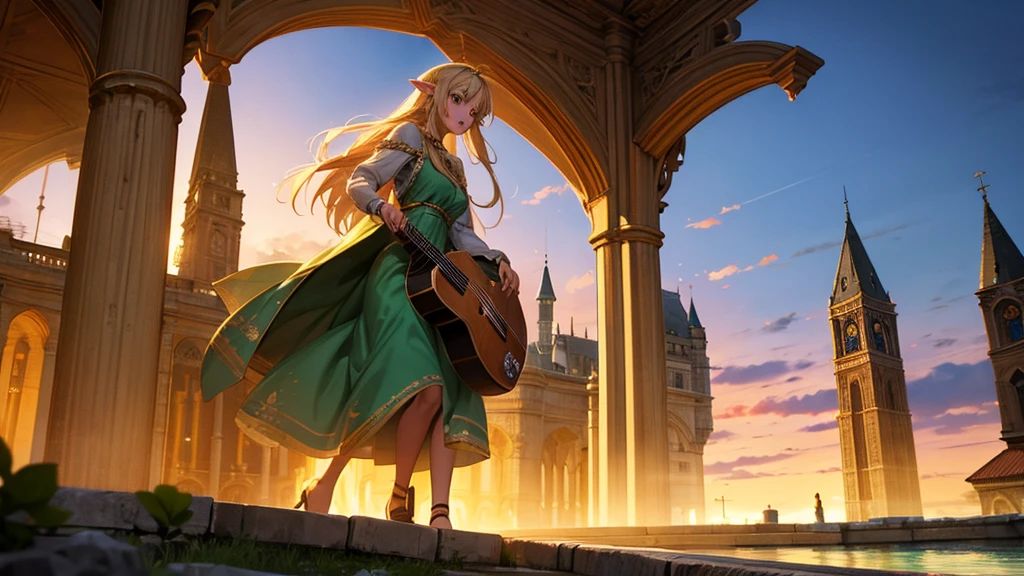 High quality 3D anime style fantasy art, a blonde elven girl in the center playing an Irish bouzouki. A large representation of the elven girl in the center, with sparkling emerald gemstone eyes and wearing a blue-green and white casual outfit. People of different races are gathered around her, all having fun and making a lot of noise. In the background is the square where everyone is gathered, bathed in the soft orange light of dusk. A scene with warm colors and a relaxing atmosphere.