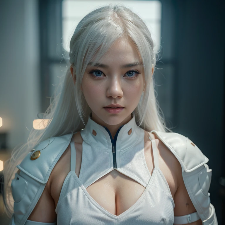 A beautiful Korean girl with long white hair and bangs, icy blue eyes, pale white skin, wearing a white skimpy ninja suit, in a video game style similar to Mortal Kombat, ultra detailed, extremely high quality, (best quality,4k,8k,highres,masterpiece:1.2),ultra-detailed,(realistic,photorealistic,photo-realistic:1.37),HDR,UHD,studio lighting,ultra-fine painting,sharp focus,physically-based rendering,extreme detail description,professional,vivid colors,bokeh,concept art
