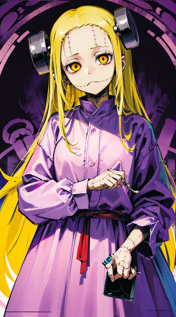 Madaraki_Fran,A girl ,stands,awkward,the madhatter ,surgeon ,wrinkles,concerned,(()), hairlong , yellow hair,seams , Scars on the body , A creepy look , scary eyes , An intimidating look , creepy smile , bags under eyes, ((((Tired))))nude,